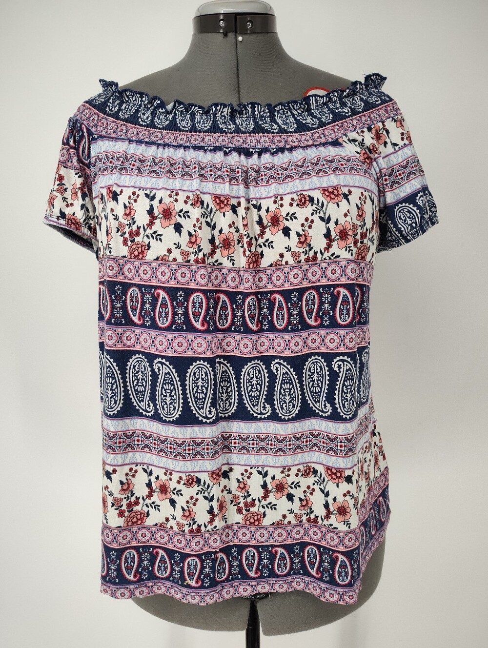 Ultra Flirt Women's Navy, Pink & Cream Off-Shoulder Paisley Floral Top Size XL